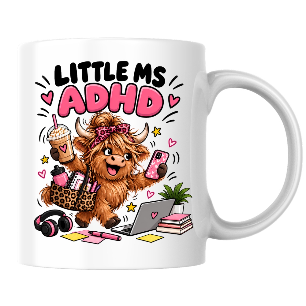 Funny ADHD Highland Cow Mug "Little Ms ADHD" Little Ms ADHD 325ml Ceramic Coffee Mug – Cute Highland Cow with Leopard Bow, Laptop, Coffee & Chaos | Relatable Neurodivergent & ADHD Humor Gift | Fast Dispatch by UK Seller (M3461)