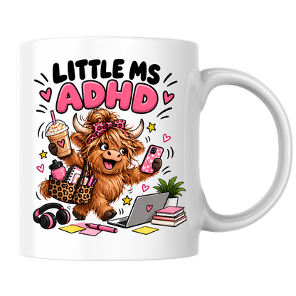Funny ADHD Highland Cow Mug "Little Ms ADHD" Little Ms ADHD 325ml Ceramic Coffee Mug – Cute Highland Cow with Leopard Bow, Laptop, Coffee & Chaos | Relatable Neurodivergent & ADHD Humor Gift | Fast Dispatch by UK Seller (M3461)