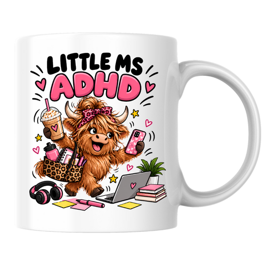 Funny ADHD Highland Cow Mug "Little Ms ADHD" Little Ms ADHD 325ml Ceramic Coffee Mug – Cute Highland Cow with Leopard Bow, Laptop, Coffee & Chaos | Relatable Neurodivergent & ADHD Humor Gift | Fast Dispatch by UK Seller (M3461)