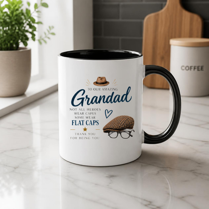 Family Mug "TO OUR AMAZING Grandad NOT ALL HEROES WEAR CAPES SOME WEAR FLAT CAPS" Sweet Grandpa 325ml Ceramic Coffee Mug Heartwarming Grandad Tea Cup with Flat Cap & Glasses Graphic Gift | Available in Multicolours | Fast Dispatch by UK Seller (M3017)
