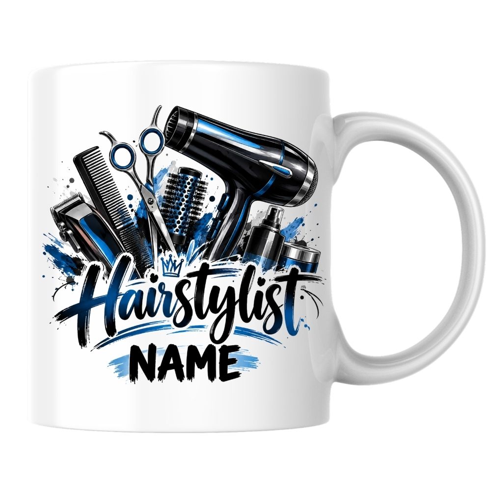 Personalised Mug "Hairstylist" Custom Name Hairdresser Coffee Cup 350ml Ceramic, Male Female Barber Hair Salon Design, Pink Floral Blue Hair Tools, Gift for Stylist Beautician Colleague, Birthday Christmas Secret Santa | Fast Dispatch by UK Seller (M1196)