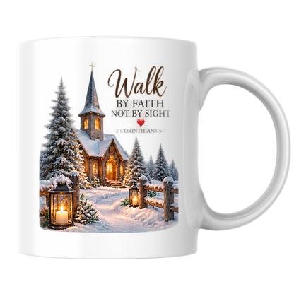 Christmas Mug "Walk By Faith Not By Sight 2 Corinthians 5:7" 325ml Ceramic Coffee Mug – Snowy Winter Church Scene Mug With Lanterns Pine Trees Christian Holiday Gift | Available in Multicolours | Fast Dispatch by UK Seller (M3303)