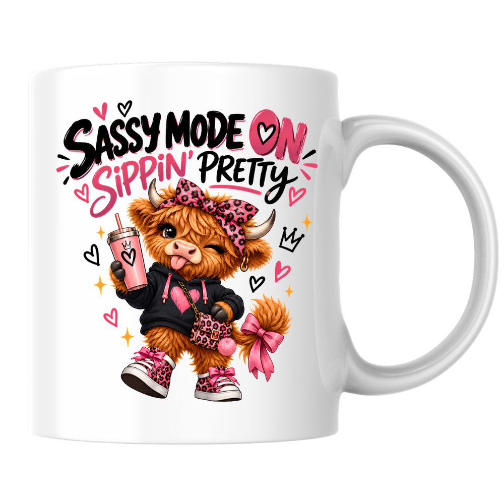 Funny Highland Cow Mug "Sassy Mode On Sippin' Pretty" Sassy Mode On Sippin' Pretty 325ml Ceramic Coffee Mug – Cute Highland Cow in Pink Leopard Bow & Sneakers | Funny Sassy Slogan Gift | Fast Dispatch by UK Seller (M3478)