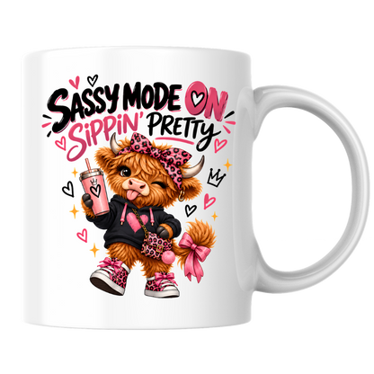Funny Highland Cow Mug "Sassy Mode On Sippin' Pretty" Sassy Mode On Sippin' Pretty 325ml Ceramic Coffee Mug – Cute Highland Cow in Pink Leopard Bow & Sneakers | Funny Sassy Slogan Gift | Fast Dispatch by UK Seller (M3478)