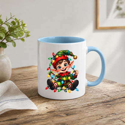 Festive Mug Tangled Fairy Lights Christmas Elf 325ml Ceramic Coffee Mug Cute Holiday Tea Cup with Jingle Bell Hat & Colorful Lights Gift | Available in Multicolours | Fast Dispatch by UK Seller (M1243)