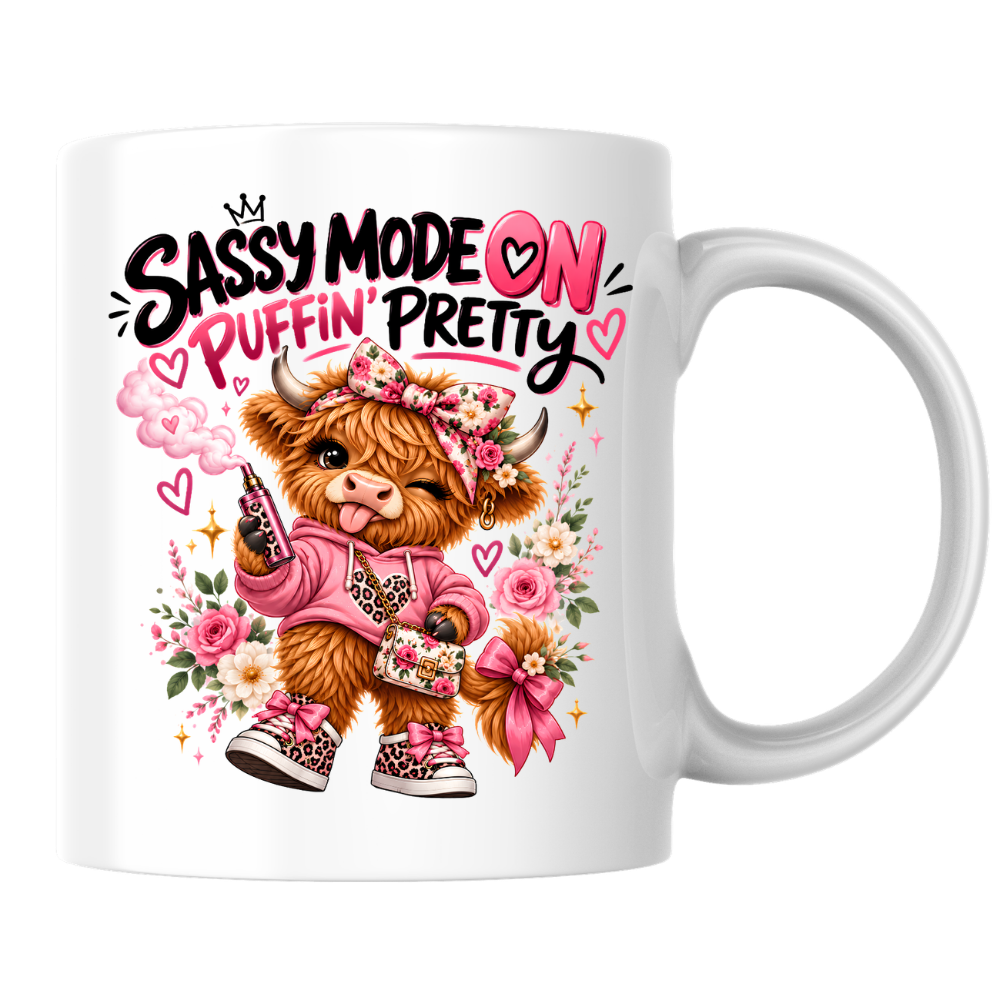 Highland Cow Mug "Sassy Mode On Puffin' Pretty" 325ml Ceramic Coffee Tea Cup – Pink Floral Bow, Hoodie & Vape Novelty Gift for Bestie, Women, Birthday – Fast Dispatch by UK Seller (M3496)