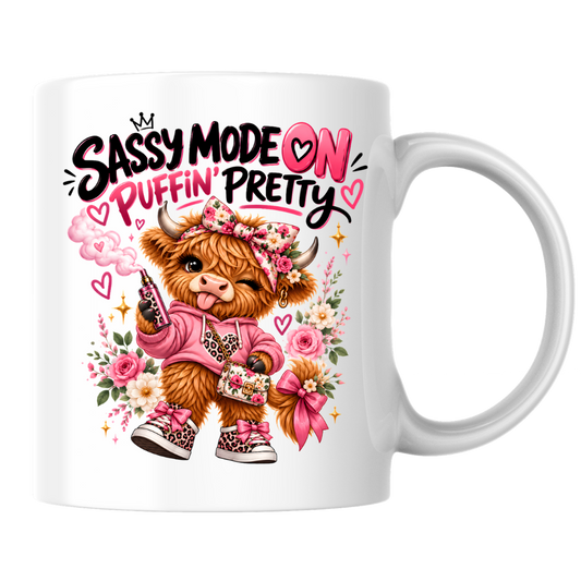 Highland Cow Mug "Sassy Mode On Puffin' Pretty" 325ml Ceramic Coffee Tea Cup – Pink Floral Bow, Hoodie & Vape Novelty Gift for Bestie, Women, Birthday – Fast Dispatch by UK Seller (M3496)