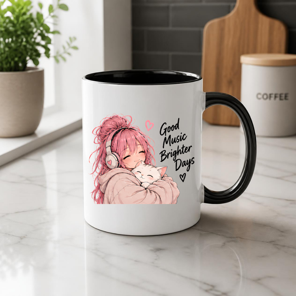 Inspirational Anime Mug "Good Music Brighter Days" Pink Hair Girl & Cat 325ml Ceramic Coffee Mug Wholesome Tea Cup with Headphones & Sleeping Kitten Graphic Gift | Available in Multicolours | Fast Dispatch by UK Seller (M3037)