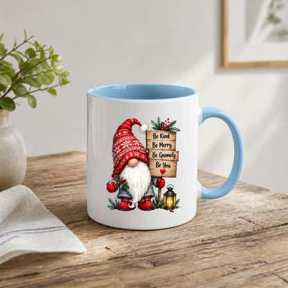 Inspiring Mug "Be Kind Be Merry Be Gnomely Be You" Gnome 325ml Ceramic Coffee Mug Festive Winter Holiday Tea Cup with Sign, Lantern & Red Hat Gift | Available in Multicolours | Fast Dispatch by UK Seller (M1257)