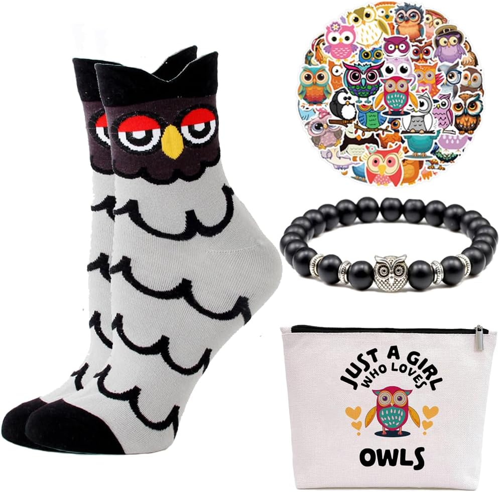 Owl Gifts for Her – Gifts for Owl Lover 4pcs Gift Set With Owl Cosmetic Bag, Bracelet, Socks,Stickers – Birthdays Holidays Gifts For women