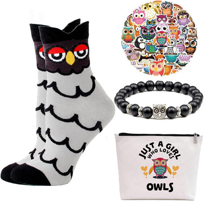 Owl Gifts for Her – Gifts for Owl Lover 4pcs Gift Set With Owl Cosmetic Bag, Bracelet, Socks,Stickers – Birthdays Holidays Gifts For women