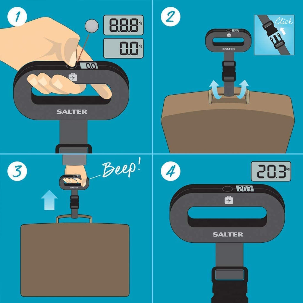 Salter 9500 BKDCTMEU16 Digital Luggage Scale - Suitcase Weighing Scales, Carry On Baggage Weight, Easy Grip Handle, 40kg / 88 lbs Capacity, Secure Clip Fastening, Lightweight, Includes Battery