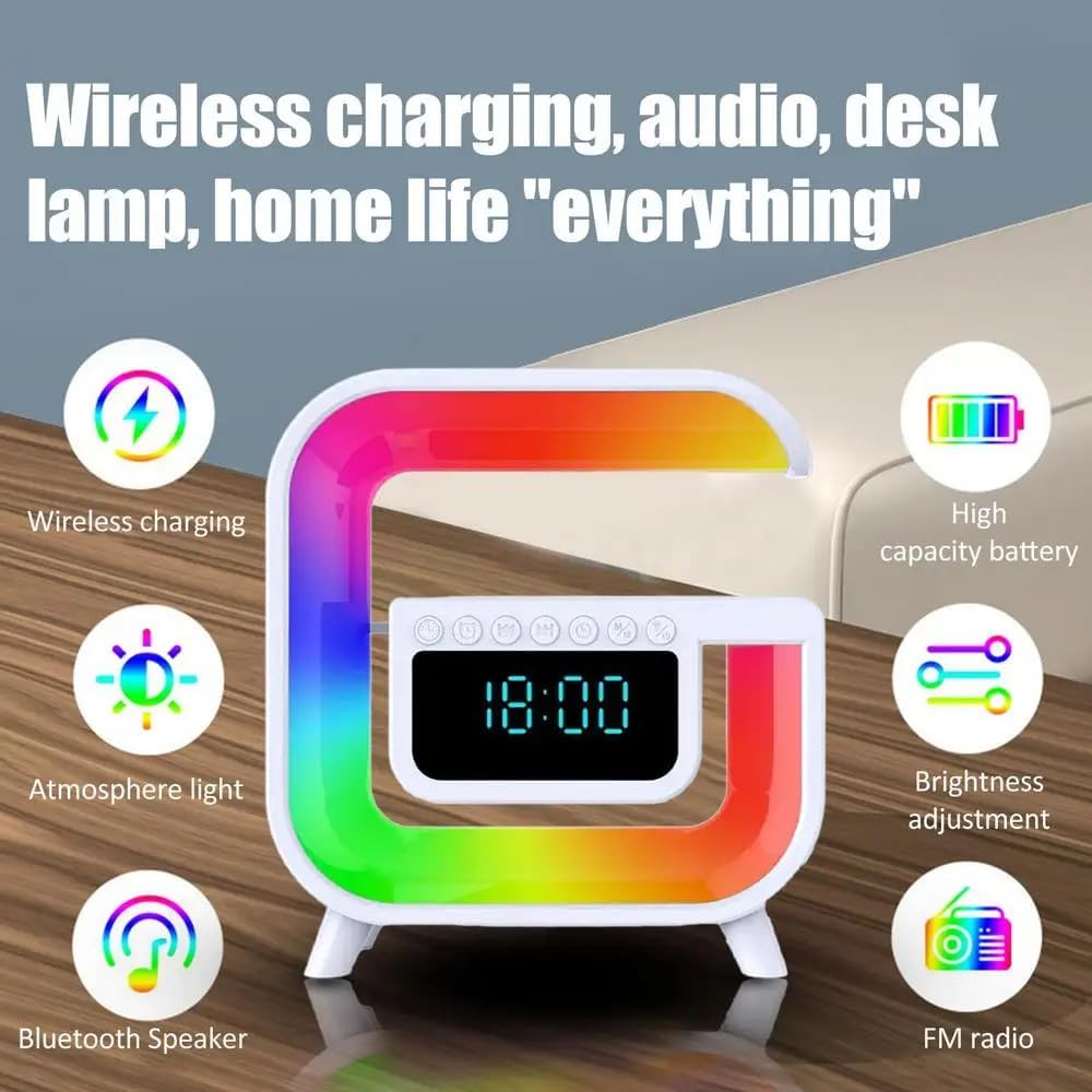 A3 Multifunctional G-Shape LED Wireless Charging Speaker & Smart Alarm Clock (15W Max)