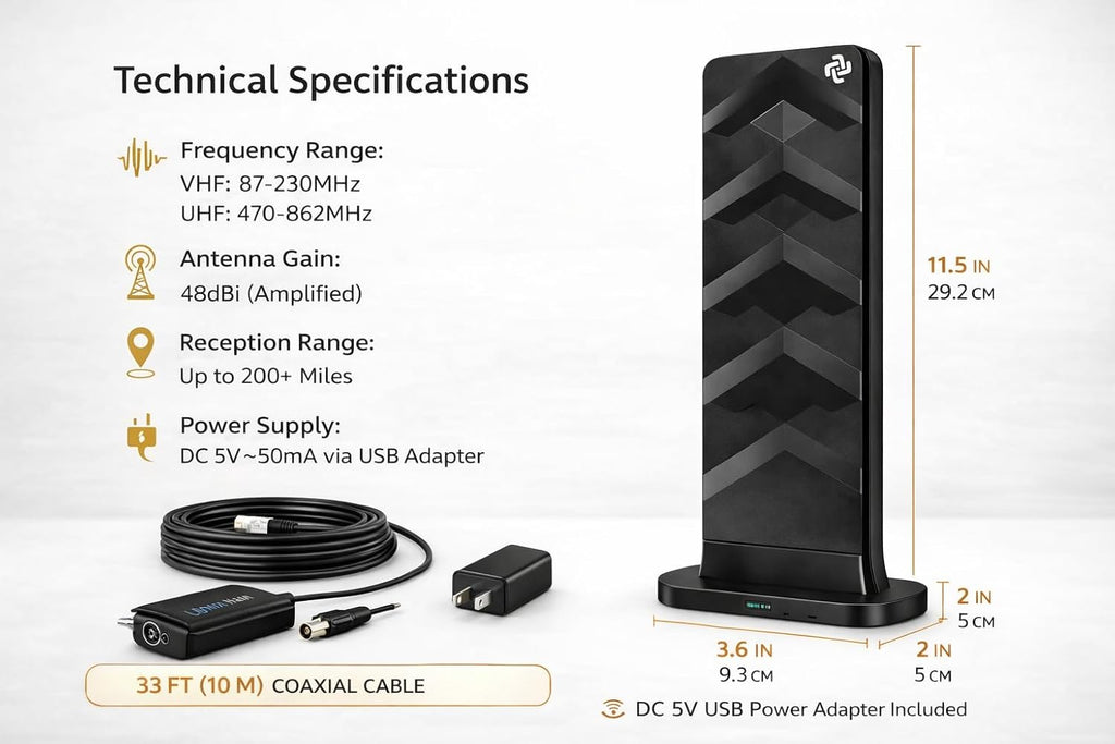 Freeview Digital TV Aerial Amplified Indoor Outdoor Antenna – Long Range HDTV Signal Booster for 4K & Full HD Channels – Compatible with Smart TVs, DVB-T/T2 Freeview, Portable Indoor or Outdoor Use