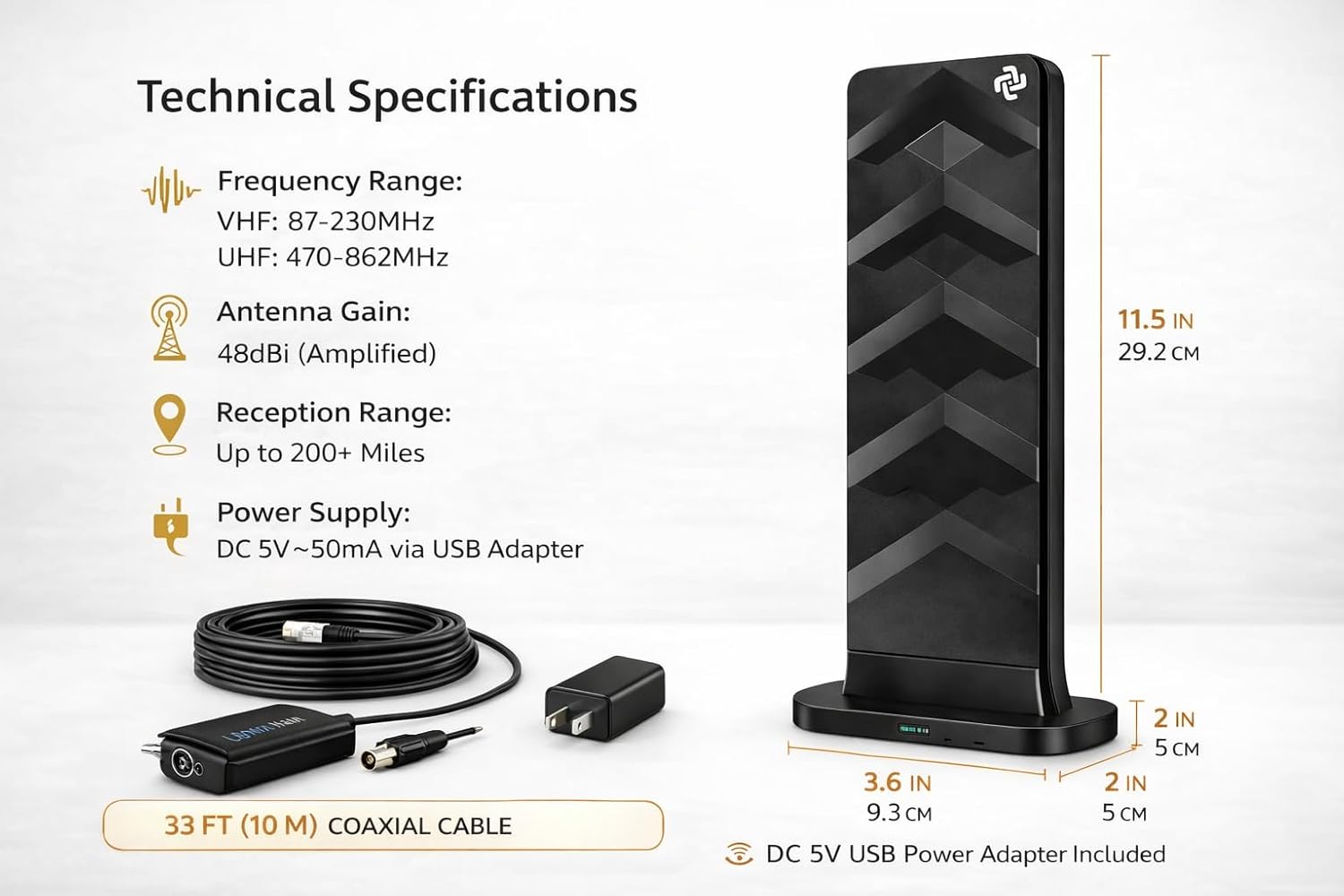 Freeview Digital TV Aerial Amplified Indoor Outdoor Antenna – Long Range HDTV Signal Booster for 4K & Full HD Channels – Compatible with Smart TVs, DVB-T/T2 Freeview, Portable Indoor or Outdoor Use