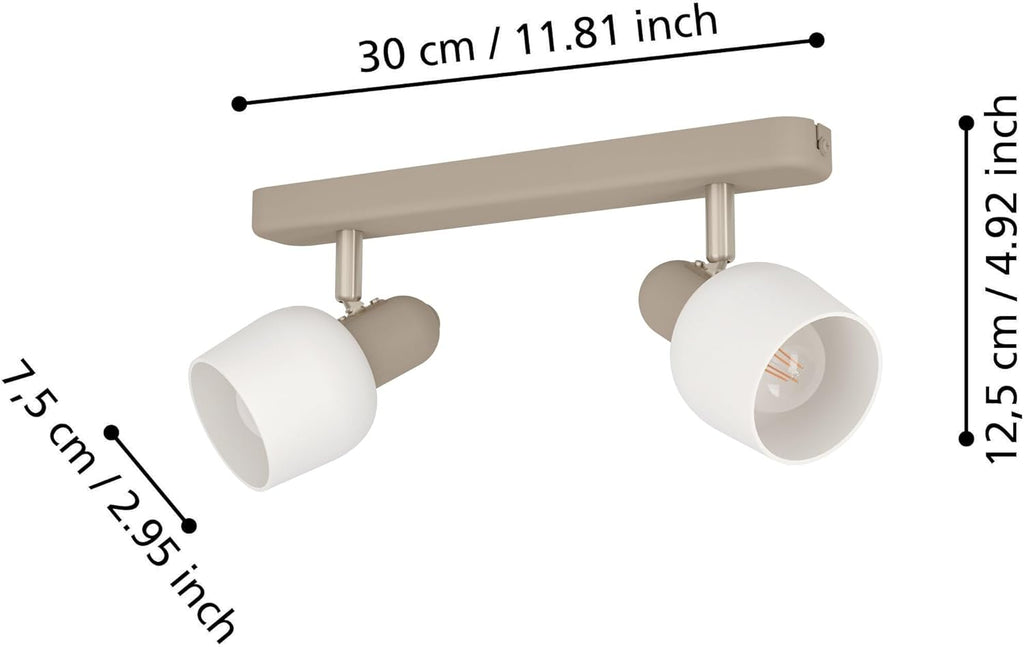 Eglo Ceiling Spotlight Corato 173, lamp with 2 Adjustable Spots, Metal Light in Sand and Silver, White Glass, E14 Socket