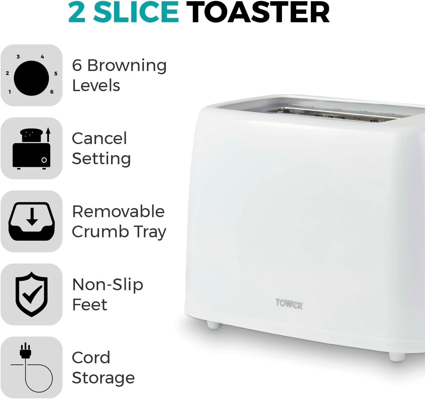 Tower PT20087WHT 2-Slice Toaster with 6 Browning Levels, Cancel Setting, Removable Crumb Tray, 650W, Black