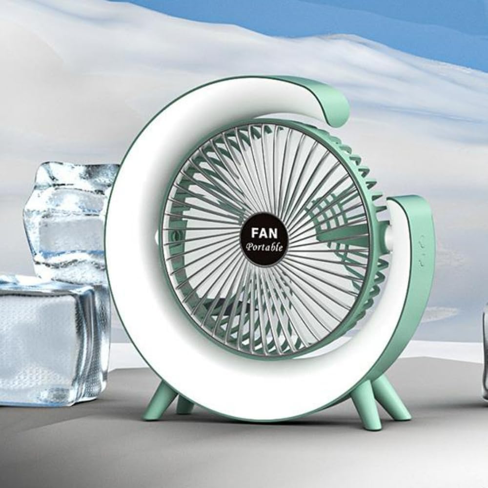 Desk Fan with LED Light, 3 Speeds 180°USB Rechargeable Portable Cooling Fan for Outdoor Camping in Bedroom Home Office