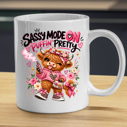 Highland Cow Mug "Sassy Mode On Puffin' Pretty" 325ml Ceramic Coffee Tea Cup – Pink Floral Bow, Hoodie & Vape Novelty Gift for Bestie, Women, Birthday – Fast Dispatch by UK Seller (M3496)