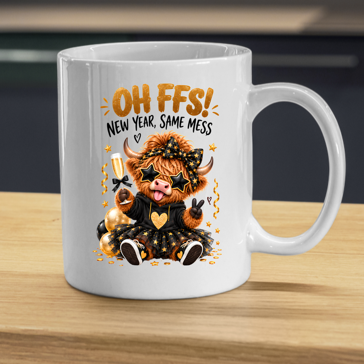 New Year Highland Cow Mug "Oh FFS! New Year, Same Mess" Oh FFS! New Year, Same Mess 325ml Ceramic Coffee Mug – Cute Highland Cow with Champagne, Star Glasses, Tutu & Confetti | Funny New Year Gift | Fast Dispatch by UK Seller (M3365)