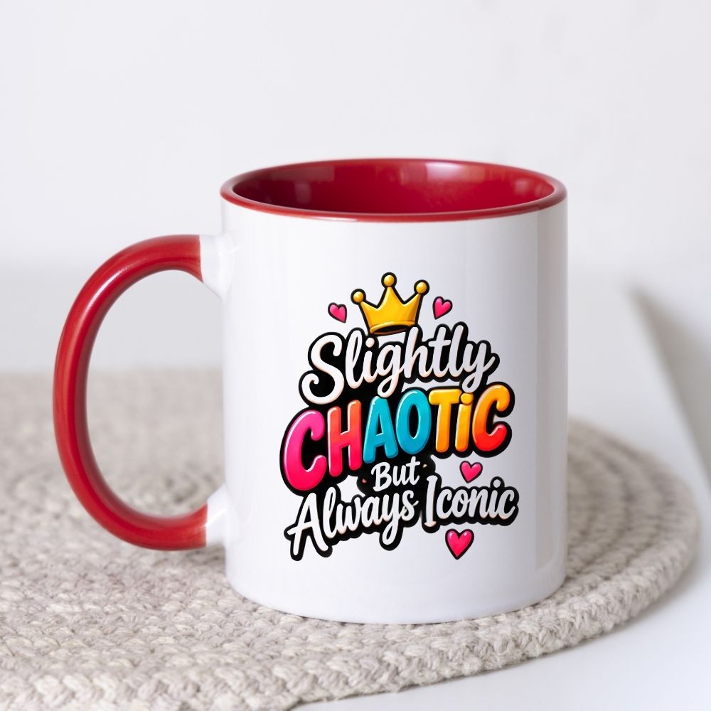 Sassy Mug "Slightly Chaotic But Always Iconic" 325ml Ceramic Coffee Mug Cute Bold Typography Tea Cup with Gold Crown & Pink Hearts Gift | Available in Multicolours | Fast Dispatch by UK Seller (M1301)