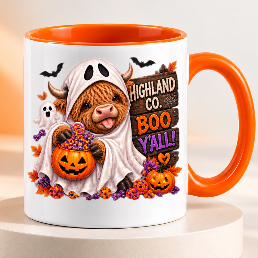 Halloween Mug "Highland Cow Ghost Boo Y'all" Highland Cow Ghost Boo Y'all 325ml Ceramic Coffee Mug – Cute Halloween Autumn Tea Cup with Ghost Sheet Highland Cow Jack O Lantern Candy Bucket Bats Graphic Gift | Fast Dispatch by UK Seller (M3212)