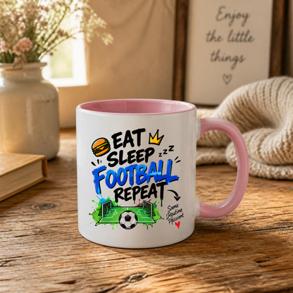 Football Mug "EAT SLEEP FOOTBALL REPEAT" Pitch Graphic 325ml Ceramic Coffee Mug Sporty Routine Tea Cup with Burger, Crown, Pitch & "Same Routine Passion" Graphic Gift | Available in Multicolours | Fast Dispatch by UK Seller (M3097)
