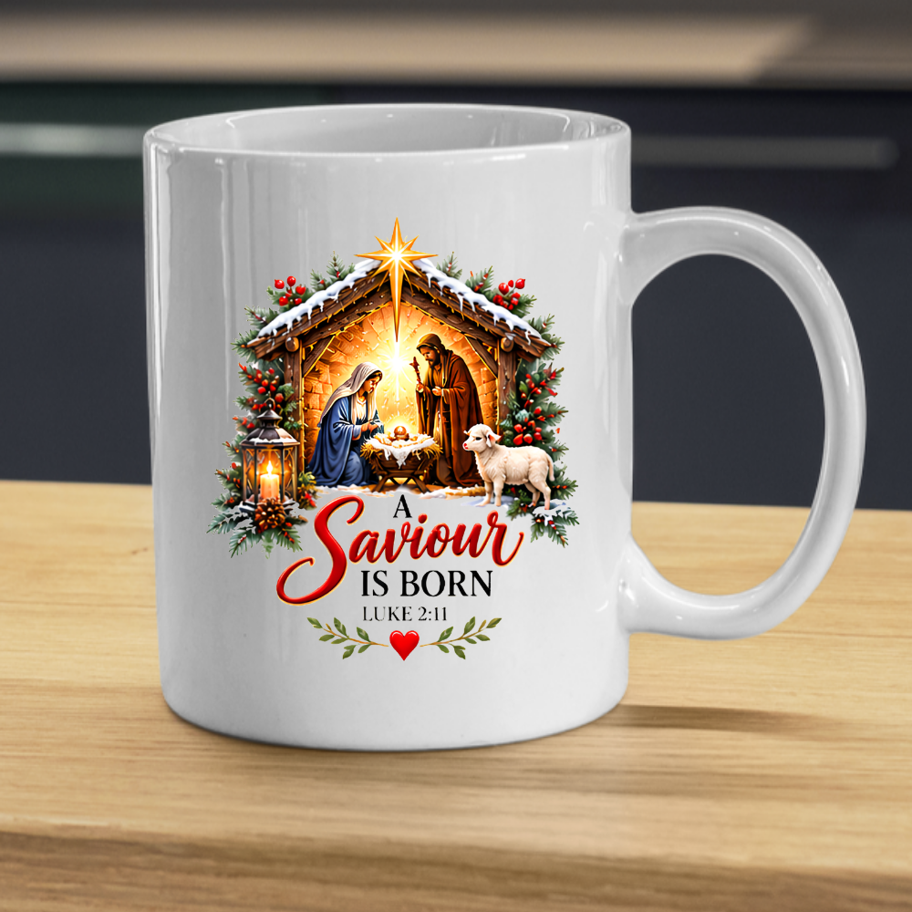 Religious Christmas Mug "A Saviour Is Born" Nativity Scene A Saviour Is Born 325ml Ceramic Coffee Mug – Christian Nativity Scene Scripture Mug with Luke 2:11, Manger, Lantern & Lamb | Religious Christmas Gift | Fast Dispatch by UK Seller (M3357)