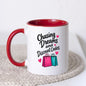 Humorous Mug "Chasing Dreams and Discount Codes" 325ml Ceramic Coffee Mug Funny Shopping Lover Tea Cup with Pink & Teal Shopping Bags & Hearts Graphic Gift | Available in Multicolours | Fast Dispatch by UK Seller (M1316)