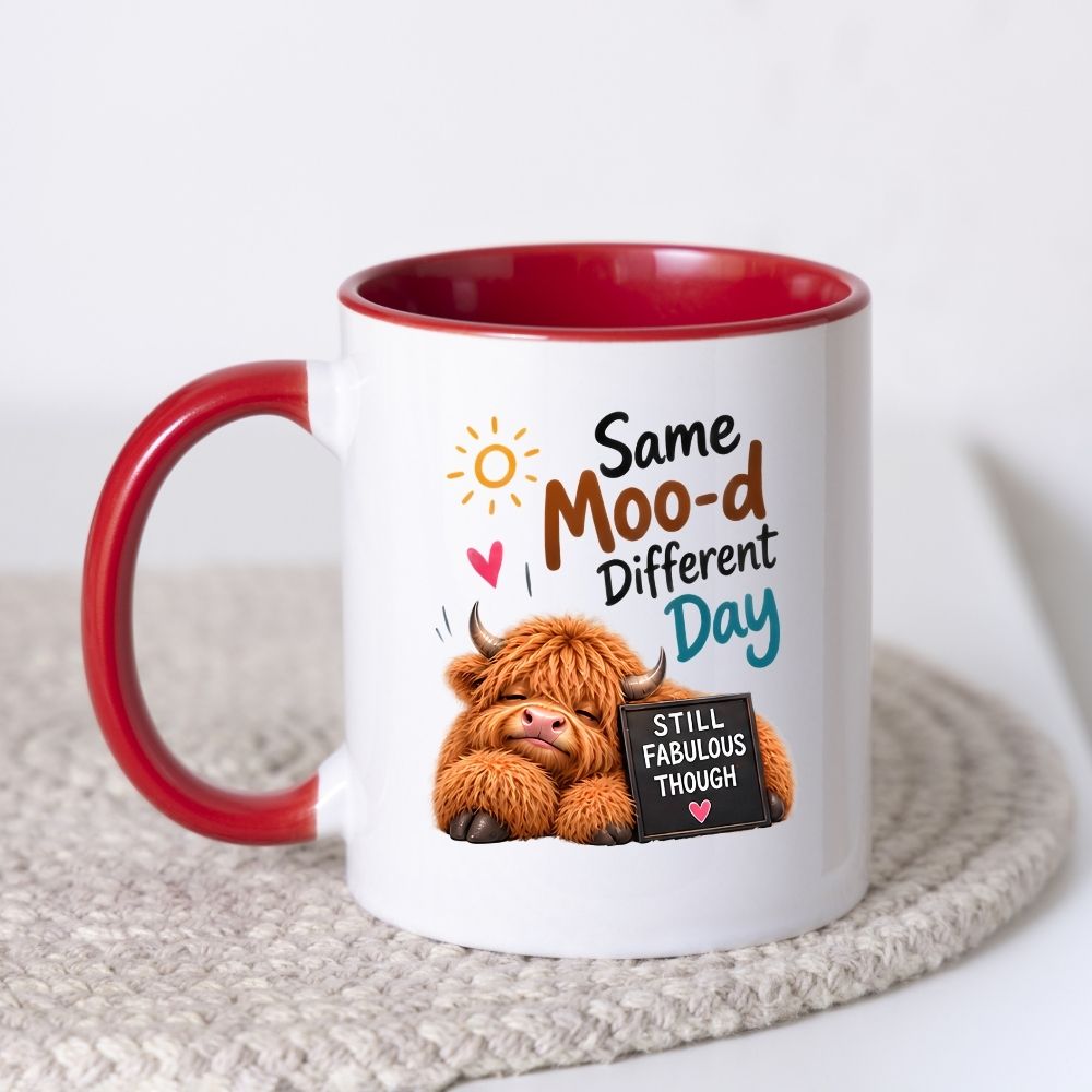 Humorous Mug "Same Moo-d Different Day" Highland Cow 325ml Ceramic Coffee Mug Funny Sassy Tea Cup with Still Fabulous Sign, Sun & Hearts Gift | Available in Multicolours | Fast Dispatch by UK Seller (M1287)