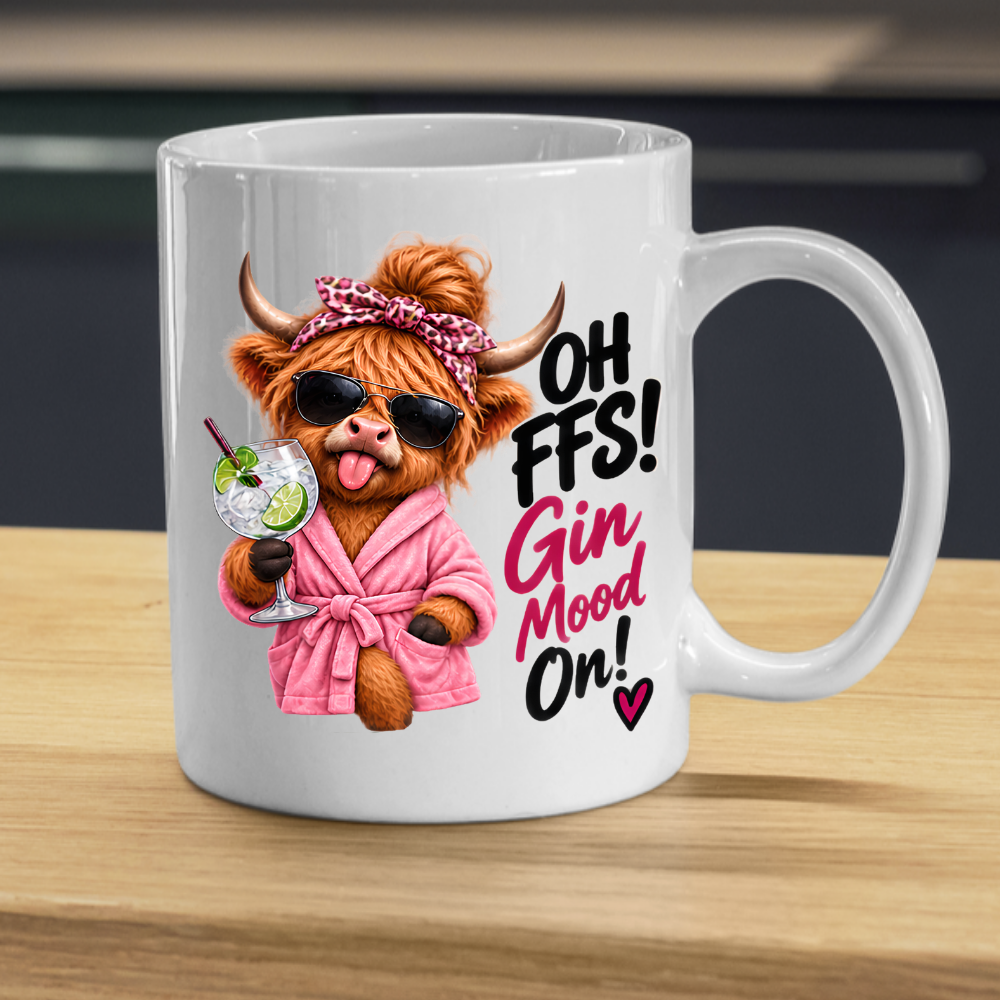 Highland Cow Gin Lover Mug "Oh FFS Gin Mood On!" Oh FFS! Gin Mood On! 325ml Ceramic Coffee Mug – Cute Highland Cow in Pink Bathrobe & Leopard Bow Holding Gin & Tonic Cocktail Glass | Funny Gift | Fast Dispatch by UK Seller (M3391)