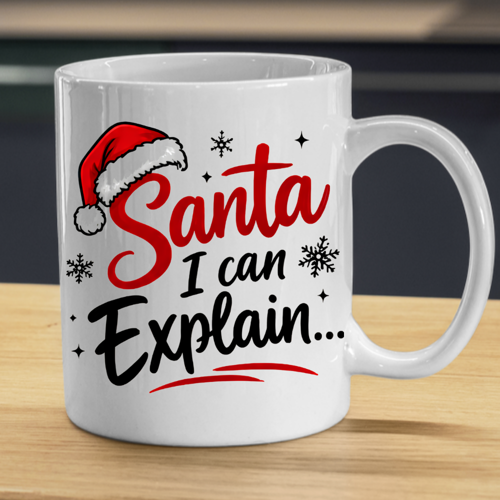 Funny Christmas Mug "Santa I Can Explain..." Santa I Can Explain... 325ml Ceramic Coffee Mug – Festive Humor Slogan with Red Santa Hat, Snowflakes & Star Sparkles | Winter Holiday Gift | Fast Dispatch by UK Seller (M3434)