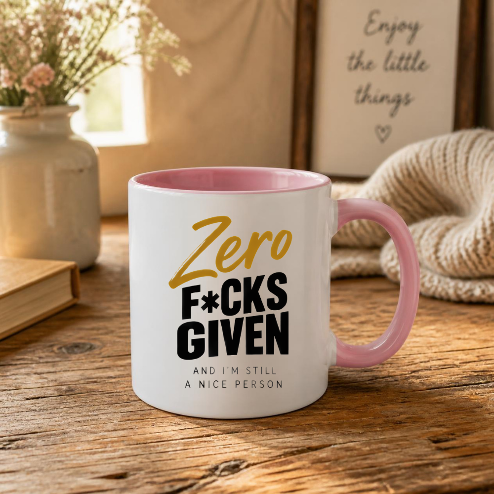 Sarcastic Mug "Zero F*CKS GIVEN And I'M Still A Nice Person" Gold Cursive Typography 325ml Ceramic Coffee Mug – Funny Swearing Tea Cup with Mustard Yellow Text Gift | Available in Multicolours | Fast Dispatch by UK Seller (M3065)