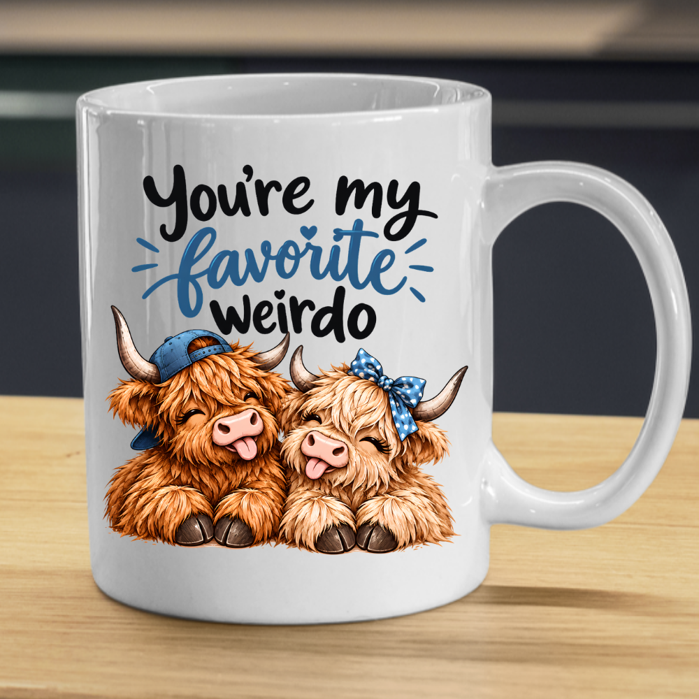 Funny Highland Cow Mug "You're My Favorite Weirdo" You're My Favorite Weirdo 325ml Ceramic Coffee Mug – Cute Couple Highland Cows with Blue Baseball Cap & Polka Dot Bow | Romantic & Funny Gift | Fast Dispatch by UK Seller (M3454)