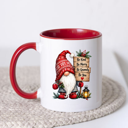 Inspiring Mug "Be Kind Be Merry Be Gnomely Be You" Gnome 325ml Ceramic Coffee Mug Festive Winter Holiday Tea Cup with Sign, Lantern & Red Hat Gift | Available in Multicolours | Fast Dispatch by UK Seller (M1257)