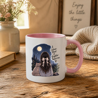 Inspirational Mug "A Calmer Mind A Brighter Tomorrow" Girl & Cat Night Sky 325ml Ceramic Coffee Mug Serene Anime Tea Cup with Full Moon & City Skyline Graphic Gift | Available in Multicolours | Fast Dispatch by UK Seller (M3029)