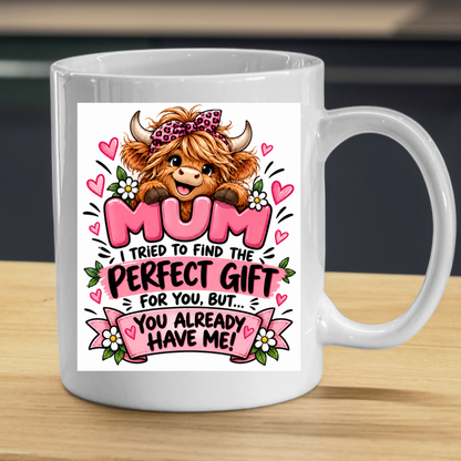 Funny Highland Cow Mug "Mum I Tried To Find The Perfect Gift" Mum I Tried To Find The Perfect Gift For You 325ml Ceramic Coffee Mug –Cute Highland Cow with Leopard Bandana & Floral Ribbon | Mother's Day & Birthday Gift | Fast Dispatch by UK Seller (M3447)