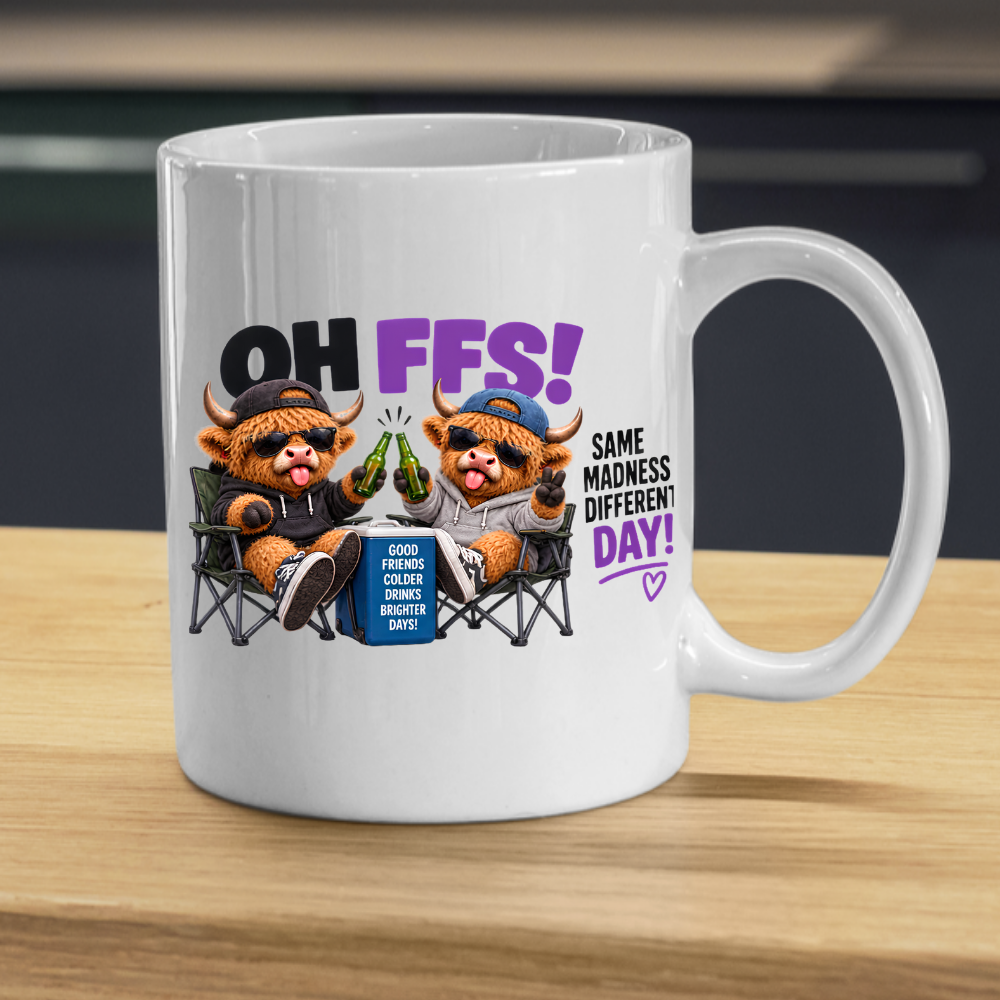 Camping Besties Highland Cows Mug "OH FFS! Same Madness Different Day!" Oh Ffs! Same Madness Different Day! 325ml Ceramic Coffee Mug – Cute Highland Cows in Camping Chairs Toasting Beer Bottles | Funny Bestie Gift | Fast Dispatch by UK Seller (M3373)