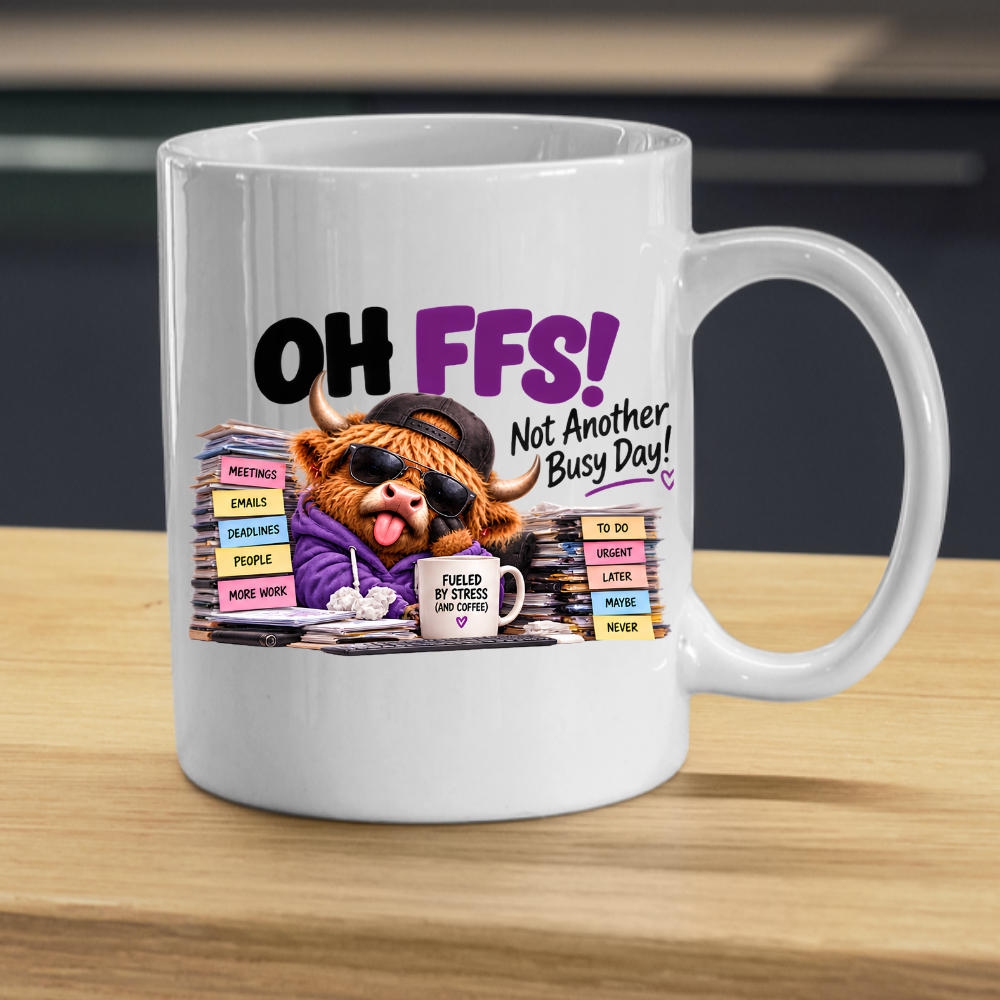 Highland Cow Busy Day Mug "OH FFS! Not Another Busy Day!" Oh Ffs! Not Another Busy Day! 325ml Ceramic Coffee Mug – Cute Highland Cow at Messy Office Desk with Stacks of Files & Coffee Mug | Funny Workplace Gift | Fast Dispatch by UK Seller (M3383)