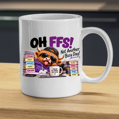 Highland Cow Busy Day Mug "OH FFS! Not Another Busy Day!" Oh Ffs! Not Another Busy Day! 325ml Ceramic Coffee Mug – Cute Highland Cow at Messy Office Desk with Stacks of Files & Coffee Mug | Funny Workplace Gift | Fast Dispatch by UK Seller (M3383)