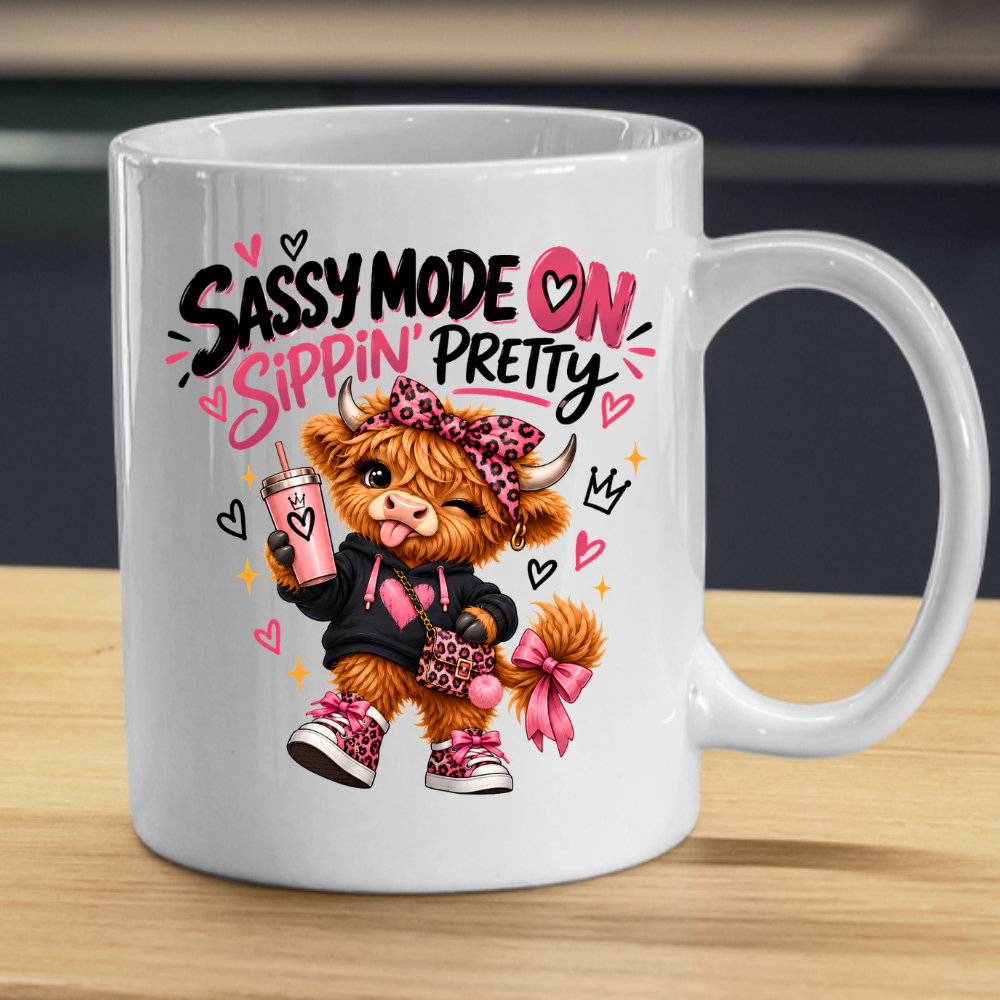 Funny Highland Cow Mug "Sassy Mode On Sippin' Pretty" Sassy Mode On Sippin' Pretty 325ml Ceramic Coffee Mug – Cute Highland Cow in Pink Leopard Bow & Sneakers | Funny Sassy Slogan Gift | Fast Dispatch by UK Seller (M3478)