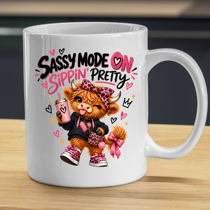 Funny Highland Cow Mug "Sassy Mode On Sippin' Pretty" Sassy Mode On Sippin' Pretty 325ml Ceramic Coffee Mug – Cute Highland Cow in Pink Leopard Bow & Sneakers | Funny Sassy Slogan Gift | Fast Dispatch by UK Seller (M3478)