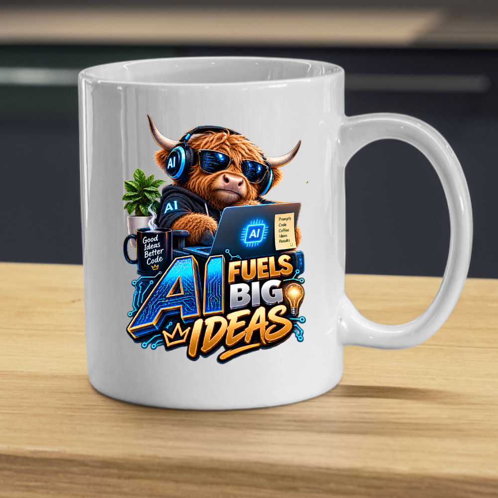 Tech Mug "AI Fuels Big Ideas" AI Fuels Big Ideas 325ml Ceramic Coffee Mug – Funny Highland Cow IT Programmer Mug with Good Ideas Better Code & Laptop | Gift for Developers | Fast Dispatch by UK Seller (M3329)