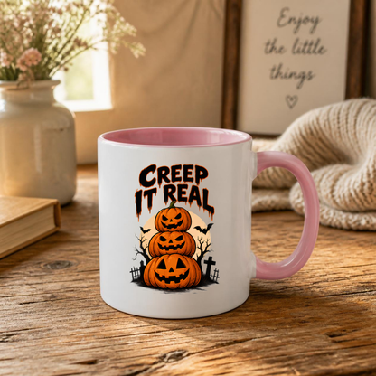 Halloween Mug "CREEP IT Real" Pumpkin Stack 325ml Ceramic Coffee Mug – Novelty Autumn Tea Cup with Jack-o'-Lantern Trio & Graveyard Graphic Gift | Available in Multicolours | Fast Dispatch by UK Seller (M3073)