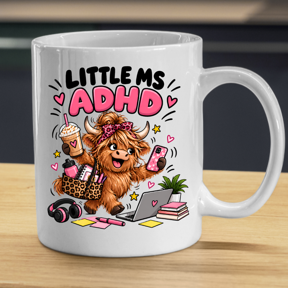 Funny ADHD Highland Cow Mug "Little Ms ADHD" Little Ms ADHD 325ml Ceramic Coffee Mug – Cute Highland Cow with Leopard Bow, Laptop, Coffee & Chaos | Relatable Neurodivergent & ADHD Humor Gift | Fast Dispatch by UK Seller (M3461)