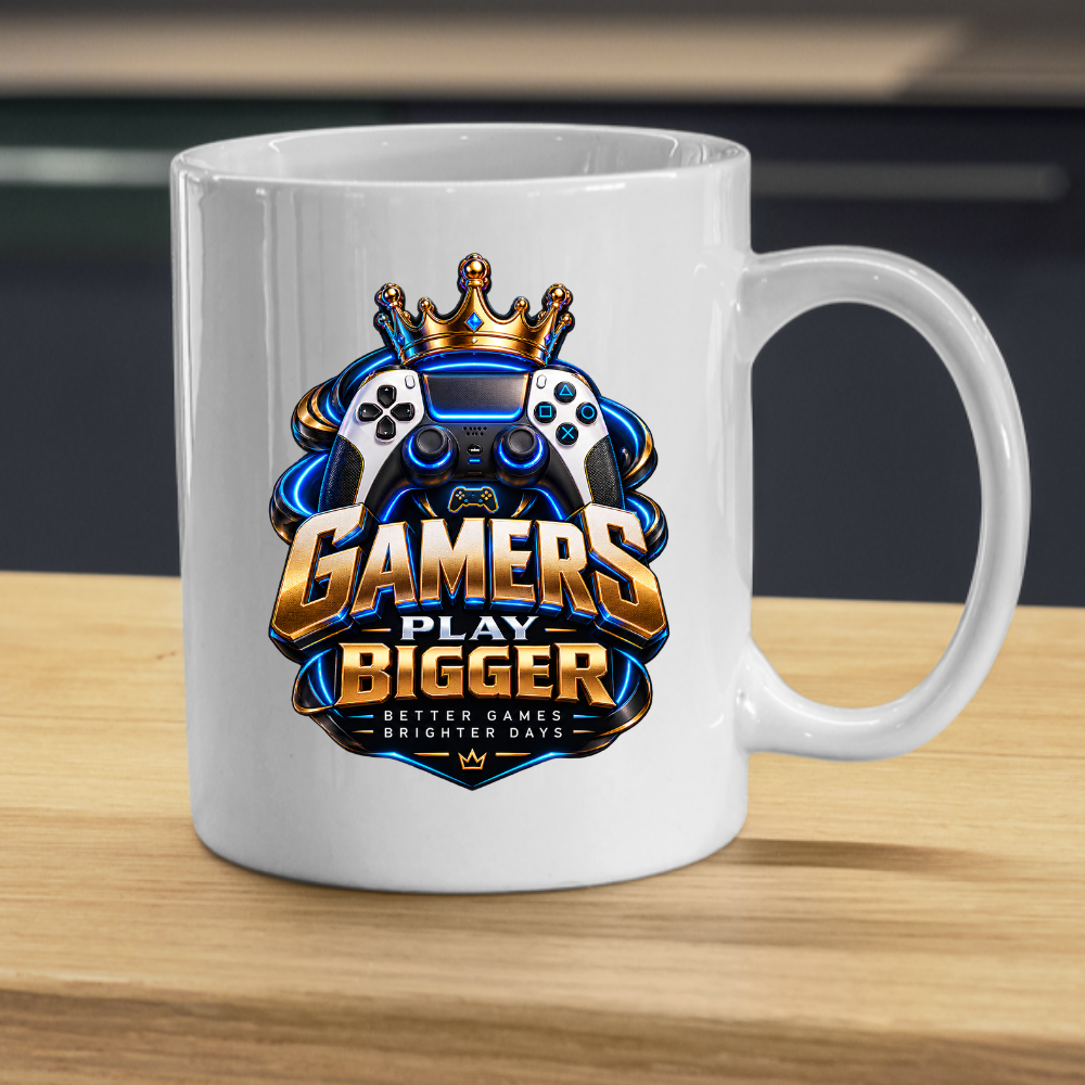 Gaming Mug "Gamers Play Bigger" Gamers Play Bigger 325ml Ceramic Coffee Mug – Royal Gold & Blue Gaming Controller Crest with Crown & Slogan | Video Game Gift | Fast Dispatch by UK Seller (M3349)