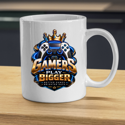 Gaming Mug "Gamers Play Bigger" Gamers Play Bigger 325ml Ceramic Coffee Mug – Royal Gold & Blue Gaming Controller Crest with Crown & Slogan | Video Game Gift | Fast Dispatch by UK Seller (M3349)