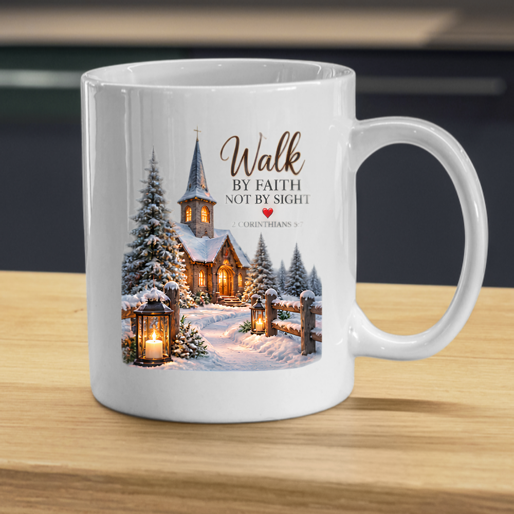 Christmas Mug "Walk By Faith Not By Sight 2 Corinthians 5:7" 325ml Ceramic Coffee Mug – Snowy Winter Church Scene Mug With Lanterns Pine Trees Christian Holiday Gift | Available in Multicolours | Fast Dispatch by UK Seller (M3303)