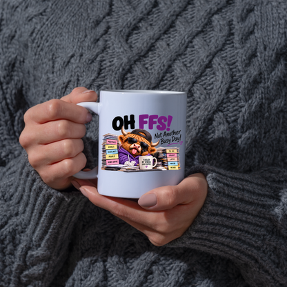Highland Cow Busy Day Mug "OH FFS! Not Another Busy Day!" Oh Ffs! Not Another Busy Day! 325ml Ceramic Coffee Mug – Cute Highland Cow at Messy Office Desk with Stacks of Files & Coffee Mug | Funny Workplace Gift | Fast Dispatch by UK Seller (M3383)
