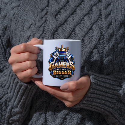 Gaming Mug "Gamers Play Bigger" Gamers Play Bigger 325ml Ceramic Coffee Mug – Royal Gold & Blue Gaming Controller Crest with Crown & Slogan | Video Game Gift | Fast Dispatch by UK Seller (M3349)